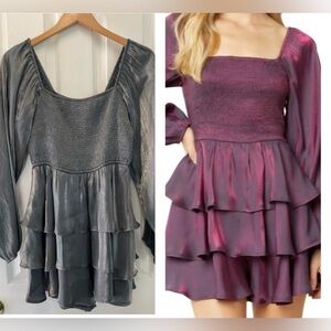 Entro Silver Gray Metallic Tiered Ruffled Long Sleeve Smocked Bodice Romper Sz L